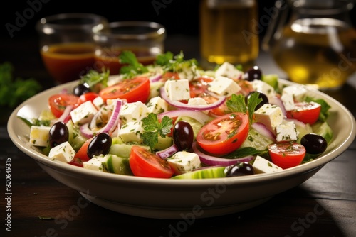 Greek salad with feta cheese and olive oil on plate. Greek healthy food © Lubos Chlubny