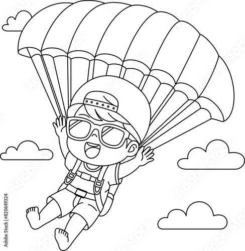Little boy parachute coloring page for kids, summer outline illustration colouring page