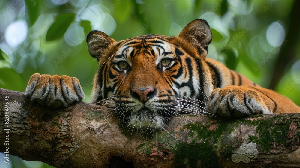 Tiger on a tree in the green jungle of central India