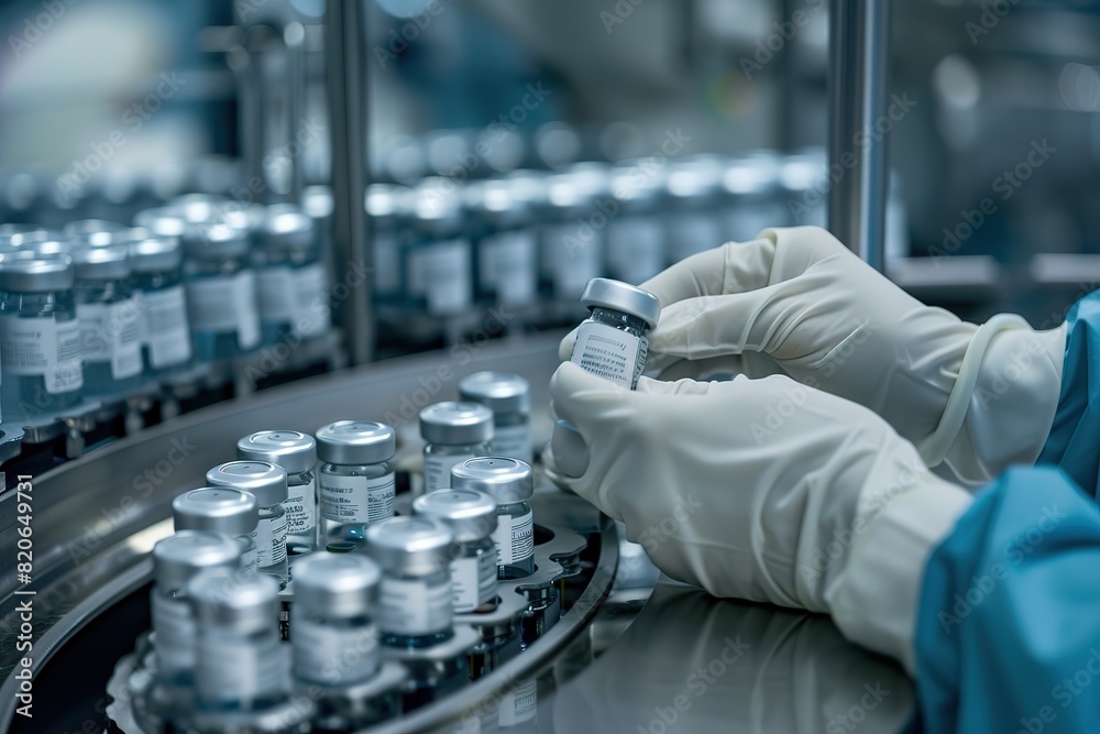 production and filling of drugs in a pharmaceutical conveyor belt with bottles and a worker production and filling of drugs in a pharmaceutical conveyor belt with bottles and a worker