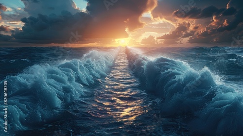 Ocean separate up to form canal. Bible miracle of Moses parting red sea for passage photo