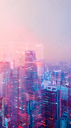 Futuristic cityscape of digital lines and holographic architecture