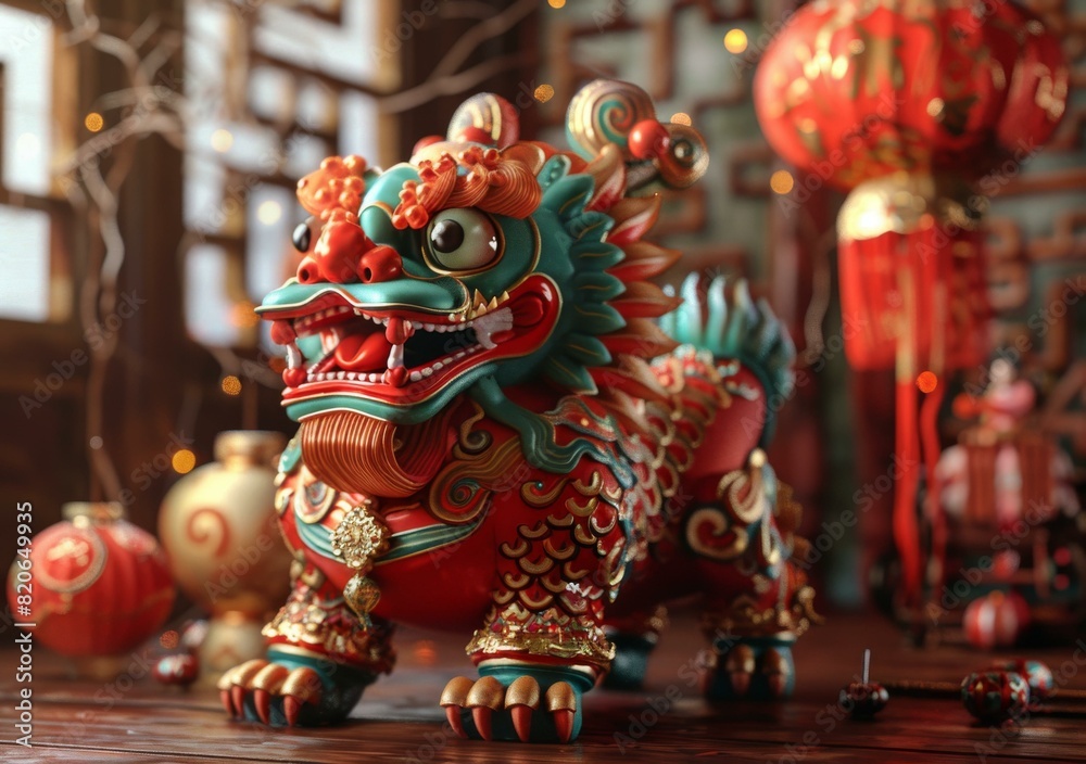 Fototapeta premium Chinese New Year Lion Statue With Red Lanterns