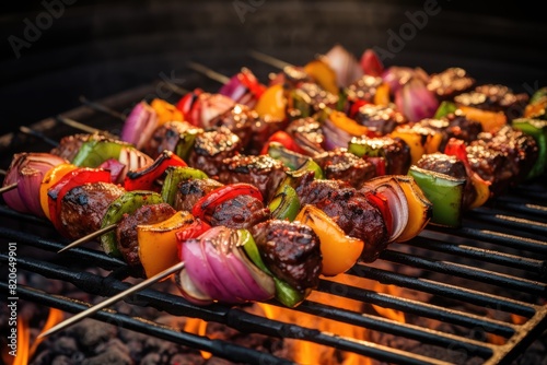 Skewers of meat on the grill with onions and peppers. Generative AI