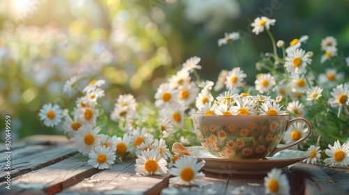Chamomile flowers in teacup on wooden table in garden photo