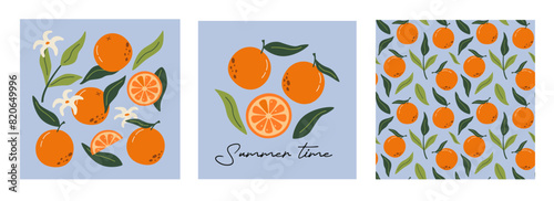 Collection modern abstract prints and seamless pattern with oranges, flowers and leaves. Modern abstract art poster.