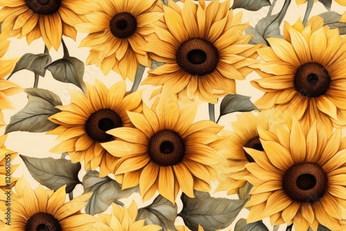 Watercolor retro sunflowers background, seamless pattern