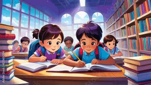 a group of children sitting at a desk in a library