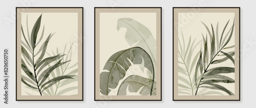 Vintage style foliage wall art template. Collection of hand drawn leaves with green watercolor texture, banana leaf, palm leaves. Botanical poster set for wall decoration, interior, wallpaper, banner.