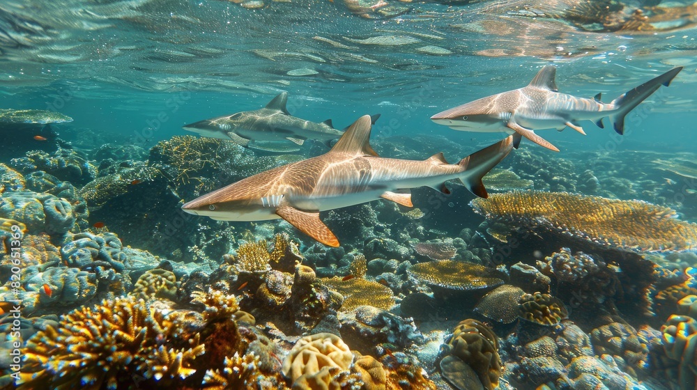 Fototapeta premium Three sharks swimming in the ocean. The sharks are brown and black. The water is clear and blue
