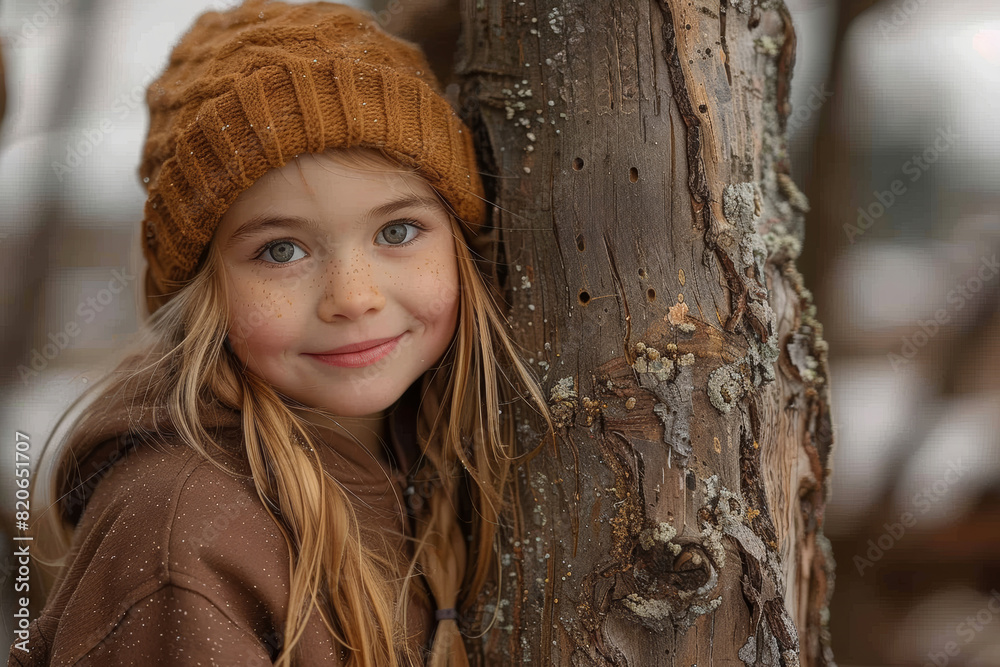 A European caucasian child girl with a delighted smile is hugging a tree in the forest in the morning sunbright. A European caucasian child girl with a delighted smile is hugging a tree in the forest in the morning sunbright.