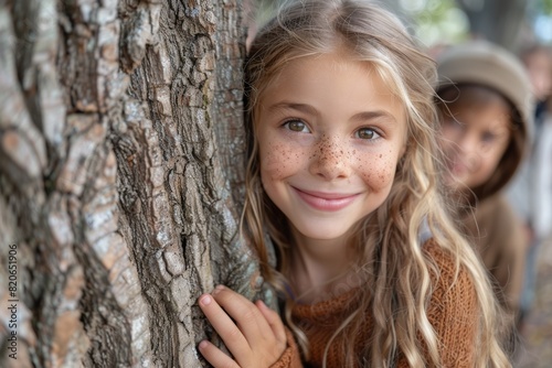 A European caucasian child girl with a delighted smile is hugging a tree in the forest in the morning sunbright. © Surachetsh