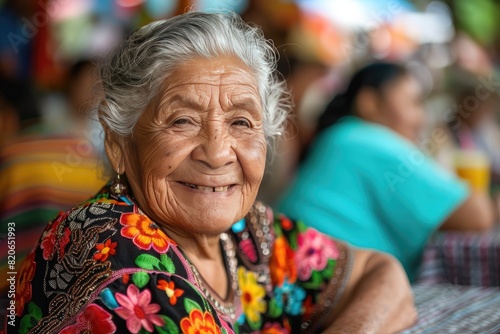 A woman with a big smile on her face. She is wearing a colorful floral dress. Concept of happiness and warmth photo