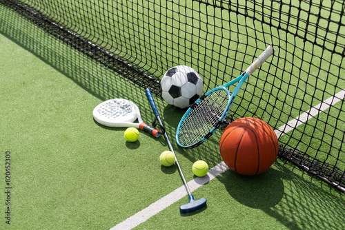Different sport equipment on green grass, flat lay. Space for text