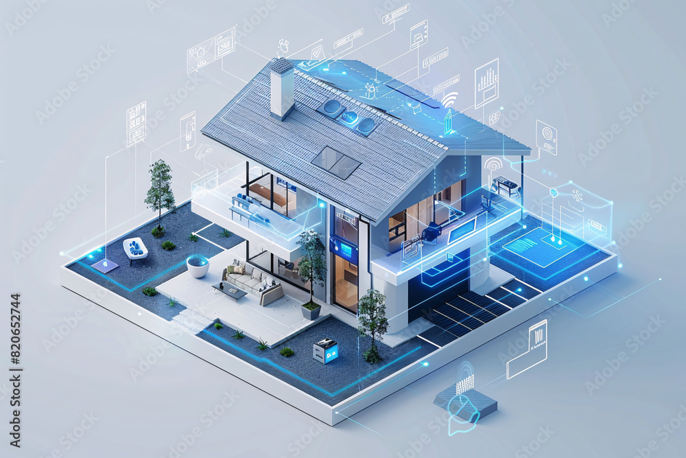 A futuristic smart home interior featuring AI-augmented reality interfaces, with holographic displays showing various smart home components. 
