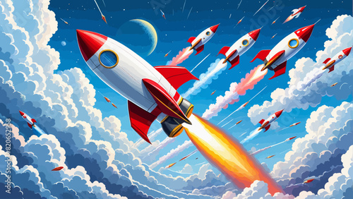 a painting of a rocket launching into the sky