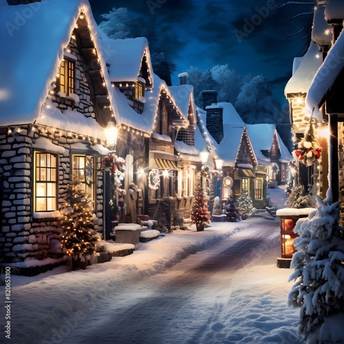 Beautiful winter landscape with snow covered houses. Christmas and New Year background. © Iman
