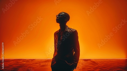 Futuristic silhouette of a guy wearing high-end fashion, the background is orange, the clothing is minimal. Generative AI.