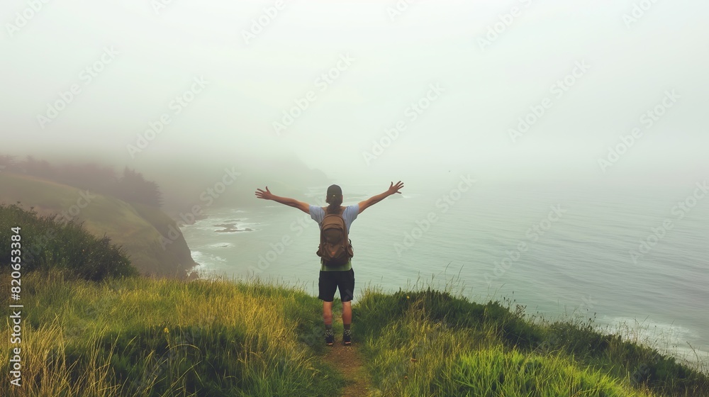 Fototapeta premium a hiker is standing in front of the coast with open wide arms