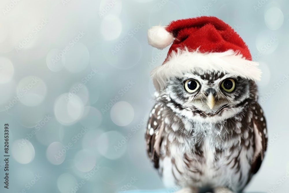 Festive owl in santa hat on christmas background for advertisements and postcards with text space Festive owl in santa hat on christmas background for advertisements and postcards with text space