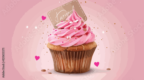 Tasty cupcake with tag on color background Vector illustration
