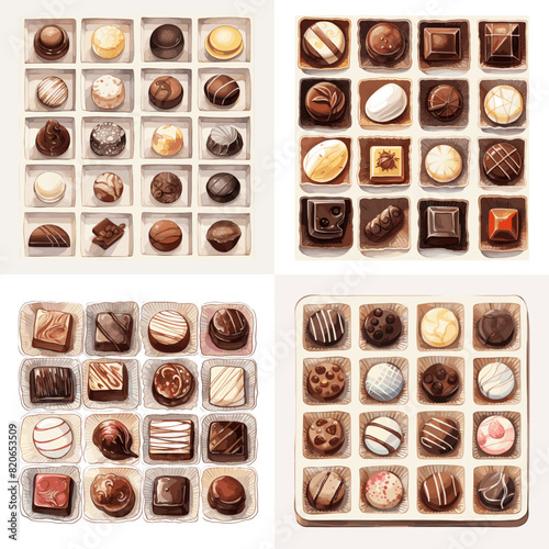 Elegant assortment of gourmet chocolates in gift boxes with diverse shapes and patterns, perfect for food designs, packaging, or sweet-themed projects