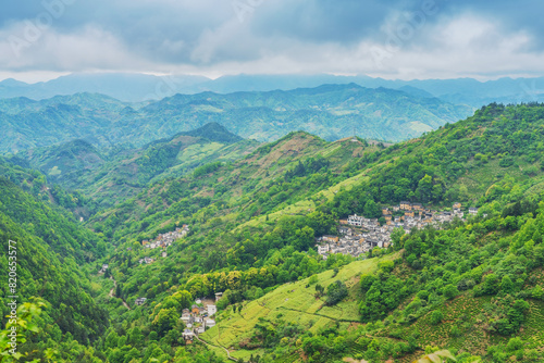 Shooting Beautiful Villages in High Mountain Canyon of Anhui Province, China from the Sky