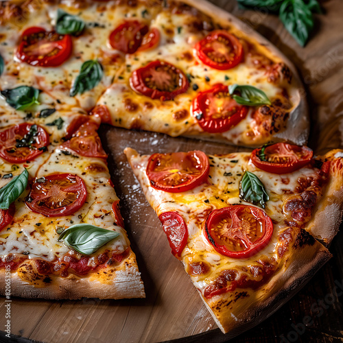 Close-up tabletop food photography of Sliced Italian Pizza With Tomatoes, Olives, Pepperoni, Cheese, and Basil on Cutting Board. One piece is separated 
