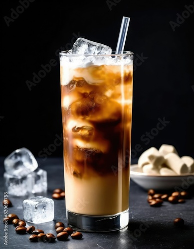 Ice coffee in a tall glass with cream poured over, ice cubes and beans on a dark concrete table. Cold summer drink with tubes on a black background with copy space.