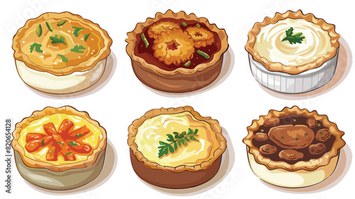 Tasty meat pot pies on white background Vector illustration