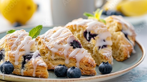 Freshly baked blueberry lemon scones with glaze photo