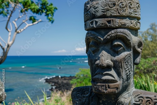 Carved stone tiki statue overlooking tropical ocean © Ari
