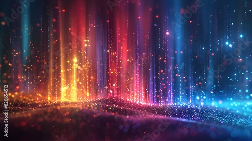 dynamic digital landscape. It features vertical streaks of varying lengths and colors  ranging from deep blues to bright reds  set against a dark background