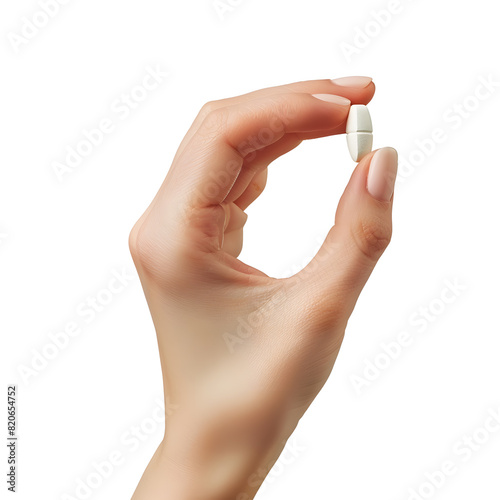 A female hand holding a pill in the palm isolated on white background