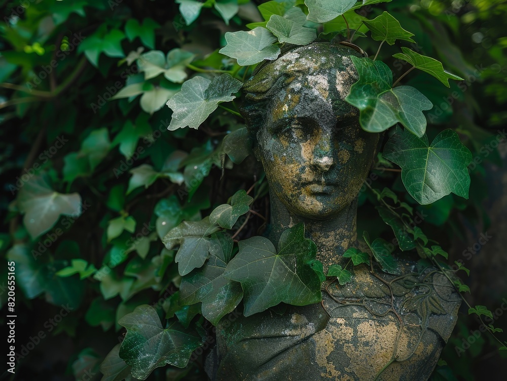 ancient stone sculpture covered in ivy ancient stone sculpture covered in ivy