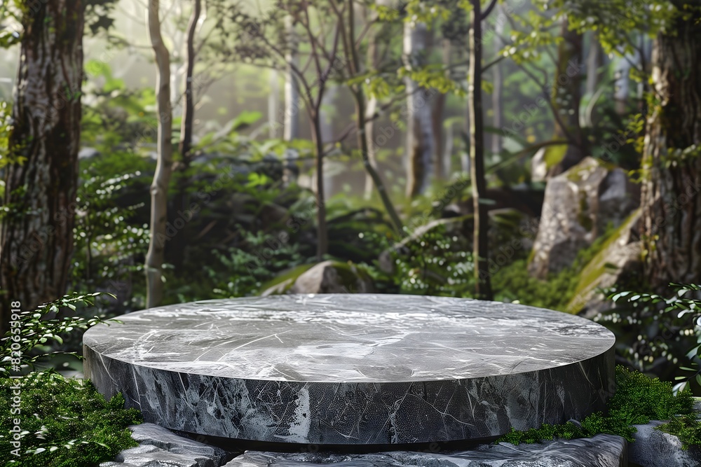 A podium in a rocky woodland, surrounded by trees, greenery and moss. Natural landscape setting. A podium in a rocky woodland, surrounded by trees, greenery and moss. Natural landscape setting.