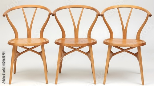 Trio of elegant wooden chairs with unique backrest design