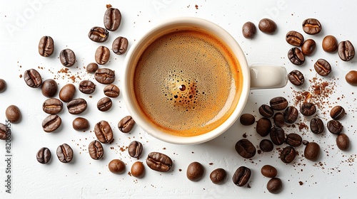 Fresh Brewed Coffee in White Cup Surrounded by Roasted Beans