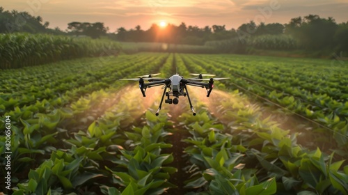 Aerial view of Spraying agricultural chemicals from a drone in the field. Generative AI.