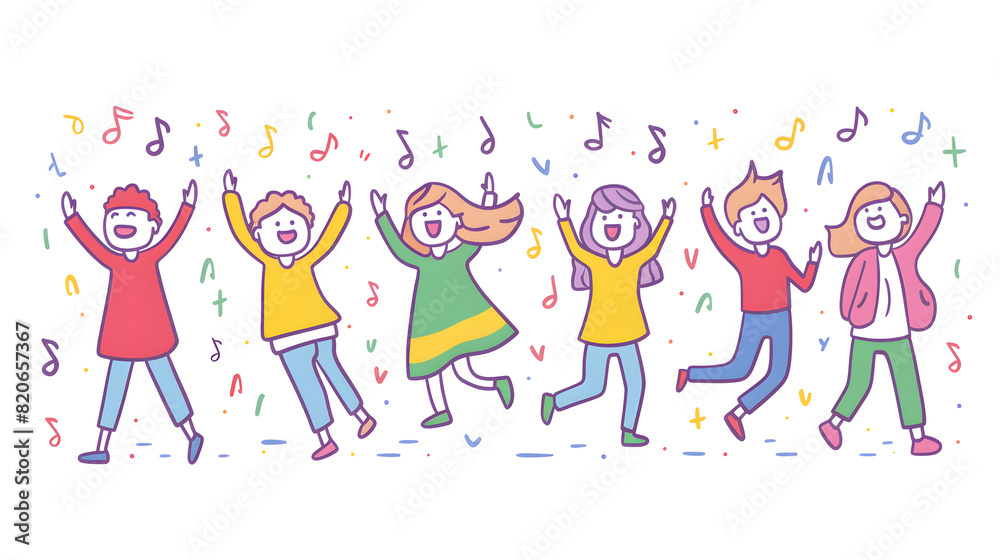 Happy smiling people dance and celebrate, simple shapes, flat colors, cartoon doodle illustration isolated on white background Happy smiling people dance and celebrate, simple shapes, flat colors, cartoon doodle illustration isolated on white background