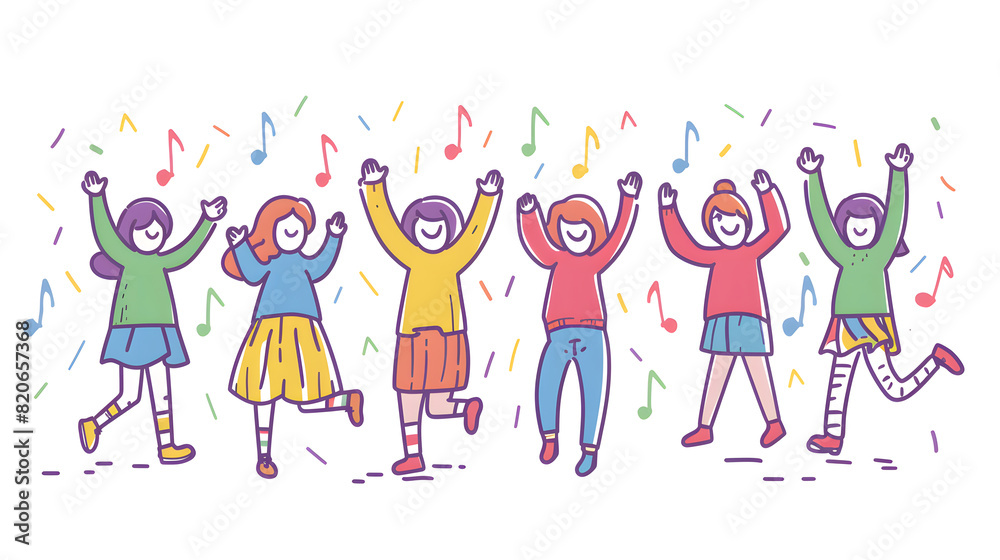 Fototapeta premium Happy smiling people dance and celebrate, simple shapes, flat colors, cartoon doodle illustration isolated on white background