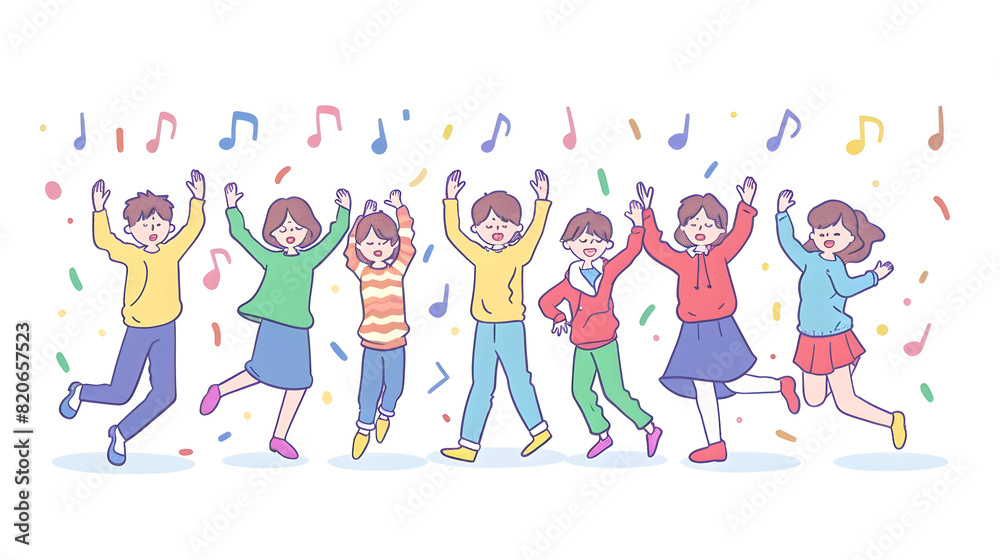 Happy smiling people dance and celebrate, simple shapes, flat colors, cartoon doodle  illustration isolated on white background