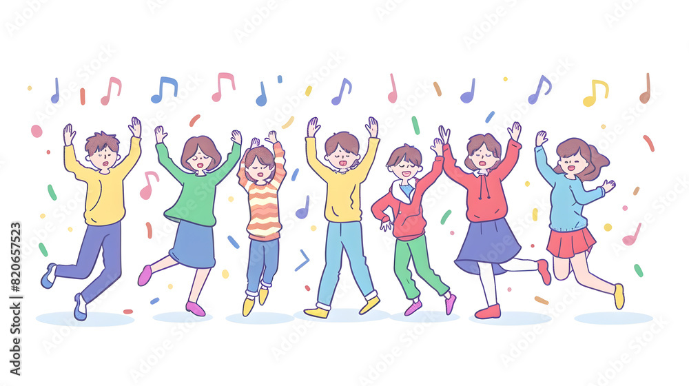 Happy smiling people dance and celebrate, simple shapes, flat colors, cartoon doodle illustration isolated on white background Happy smiling people dance and celebrate, simple shapes, flat colors, cartoon doodle illustration isolated on white background