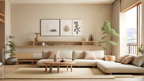Inside a Japanese living room  a comfortable beige couch and a modern  minimalist apartment design