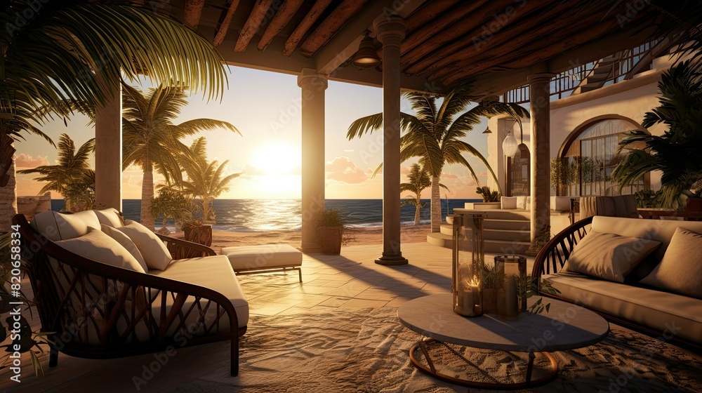 Obraz premium Beach with a hut. AI generated art illustration.