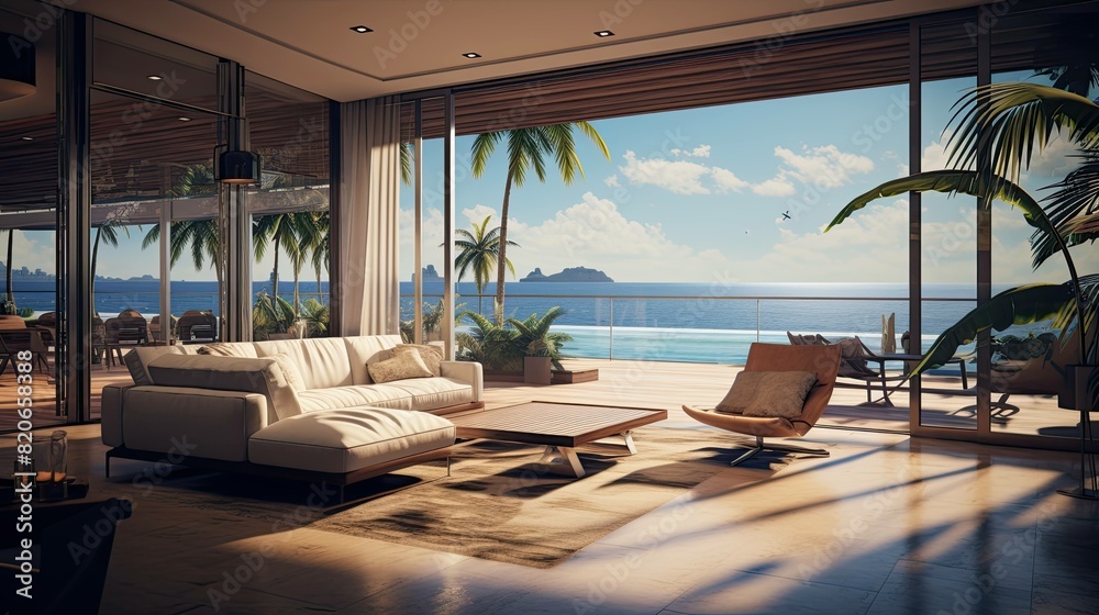 Fototapeta premium Beach with a hut. AI generated art illustration.