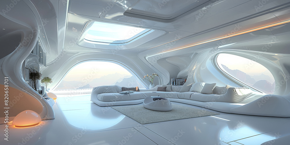 A futuristic uncluttered lounge room the is well lit with a skylight and filled with minimalist futuristic furnishing. Generative AI. A futuristic uncluttered lounge room the is well lit with a skylight and filled with minimalist futuristic furnishing. Generative AI.