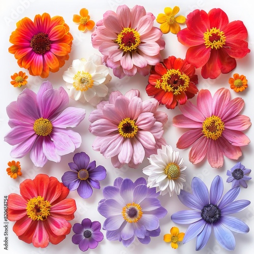 Vibrant assortment of colorful flowers on a white background. Beautiful petals in various shades create a stunning floral display. photo