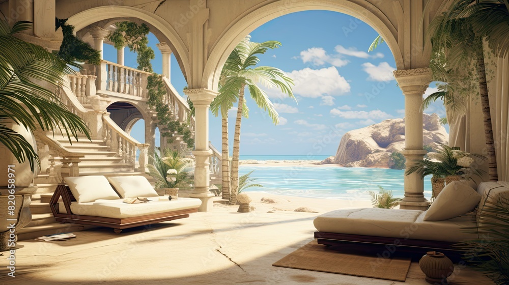 Fototapeta premium Beach with a hut. AI generated art illustration.