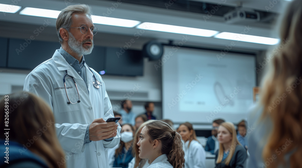 Fototapeta premium A doctor explaining a medical breakthrough to a group of students in a modern lecture hall, the bright and airy room filled with a sense of hope and progress. Generative AI.